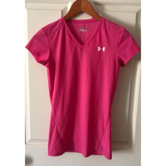 Under Armour Tops - Under Armour Heatgear Ladies Medium Teen Fitted V-Neck Pink Athletic Shirt